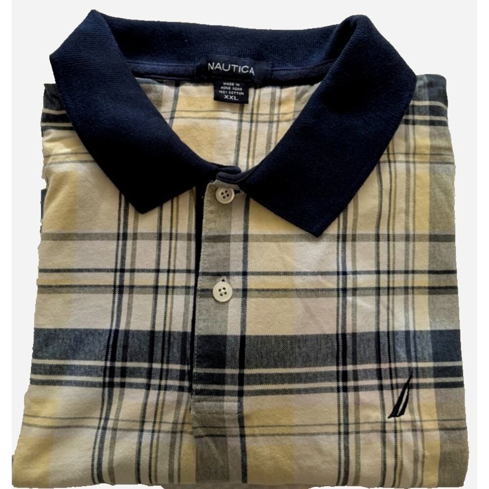 Nautica Short Sleeve Men's 2XL Polo Cotton Navy Blue Yellow Plaid Vintage 90s